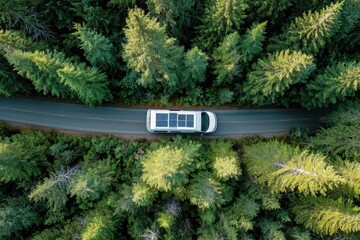 Van Top View. Aerial Shot of White Camper Van Driving through Lush Green Forest