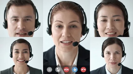 Diverse Business Team Engaging in Virtual Meeting with Headsets on White Background Displaying Online Communication and Global Connectivity - Powered by Adobe