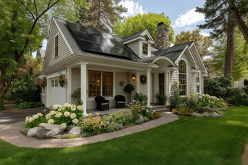 Front View of Cozy Suburban House with Solar Panels and Beautiful Garden, Modern Family Home