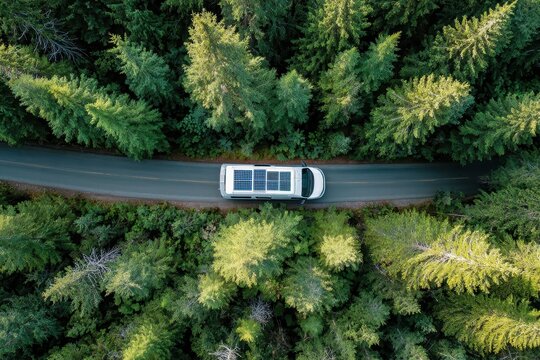 Van Top View. Aerial Shot of White Camper Van Driving through Lush Green Forest