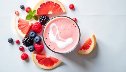 flat lay of a smoothie with fruits and berries arranged in a circle on a grey background, Berry smoothie on fruit decorated table, created with generative ai