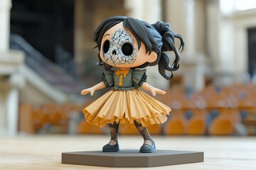 Whimsical 3d render of a cute girl figurine with a cracked skull mask, posing elegantly in a yellow dress.