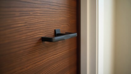 Obraz premium Close-up of a dark wood door with a black handle.