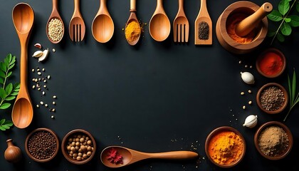 Flat lay of wooden kitchenware and ingredients on a black background, Cooking Background Template With Copy Space, created with generative ai