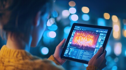 Woman viewing concert photos on tablet at night