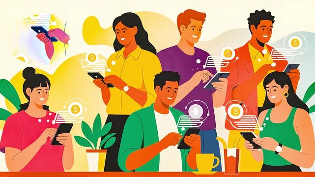Animated illustration of diverse people using smartphones for online payments, social networking, and digital transactions in a modern, connected world