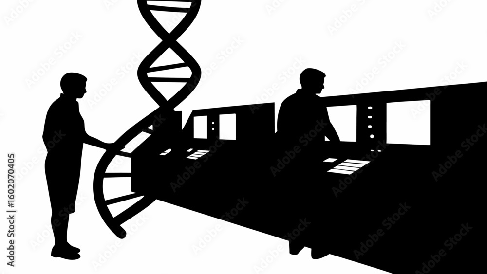 Poster silhouette of two scientists working with a dna model and a control panel in a laboratory setting