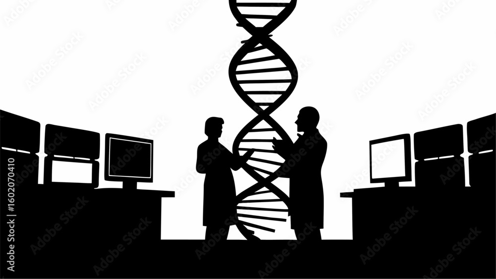 Poster silhouette of scientists discussing dna structure in lab with computers and monitors in black and wh
