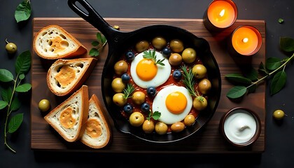 American breakfast on table. Cast iron skillet with Fried eggs, sausages and toast, Skillet Huevos Rancheros, created with generative ai