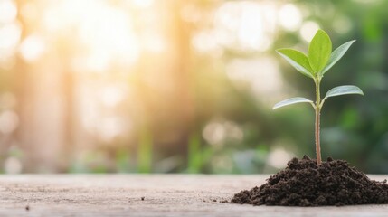 Young plant sprout in soil against a sunny background