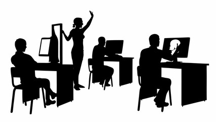Silhouette illustration showing people in an office setting working at desks with computers and waving hand