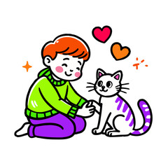 Young boy petting a playful cat with love and joy illustration  
