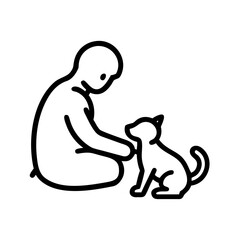 Person interacting gently with a cat in a minimalist line drawing style  