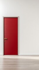 Striking Red Door in a Minimalist White Room: A Modern Interior Design Statement with Golden Handle and Wooden Floor Aesthetics.