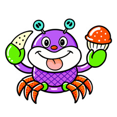 Obraz premium Cartoon crab holding ice cream and cookie with a cheerful expression 