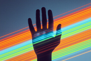 Silhouette of raised hand with vivid rainbow light streaks passing across on dark background