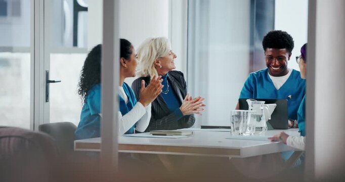 Meeting, doctors and success with people in office for team, dna editing or genetic disease cure. Healthcare achievement, applause and gene splice technology with nurses in hospital for news
