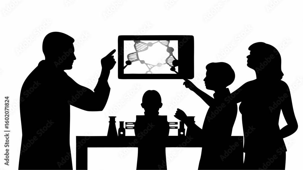 Poster silhouette of family looking at dna model on screen in lab with beakers and flasks on table top view