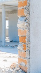 Close-up of an unfinished building wall revealing layers of textured brick and raw concrete, embodying the essence of construction and architectural progress.