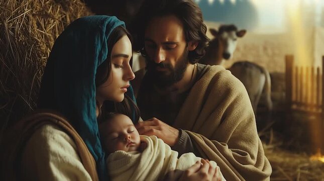 Peaceful nativity scene: family bonding by the manger at sunset