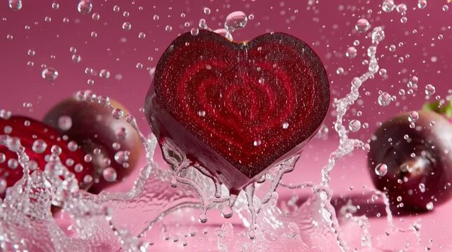 Slow motion water splash onto sliced beetroot with eggplants on pink background