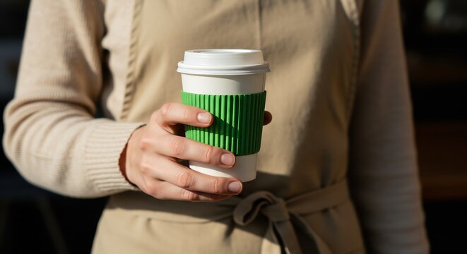 Holding Takeout Coffee Cup with Green Sleeve in Hand - Powered by Adobe