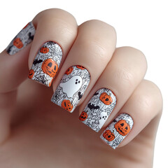 A hand displaying halloween themed nail art with pumpkins ghosts and spider webs isolated on transparent background