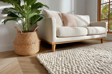Minimalist Living Room with Cozy Sofa, Decorative Cushions and Woven Plant Basket, Modern Interior Design