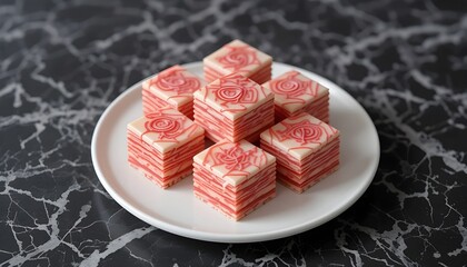 Traditional kueh lapis dessert with red and white frosting patterns on marble plate.
