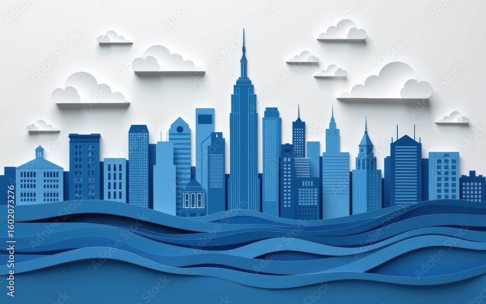Poster paper cut style of environment concept. artistic blue skyline with layered waves and clouds in a mod