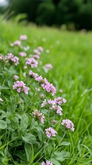 Obraz premium Enchanting Pink Blossoms Amidst Lush Green Grass: A Serene Nature Scene Capturing the Delicate Beauty of Springtime Floral Growth
