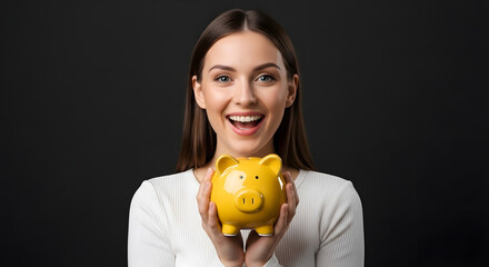 Joyful woman with a bright smile holding a yellow piggy bank for savings