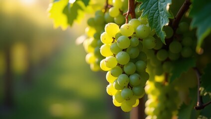 Close-up of a bunch of green grapes hanging from a vine.