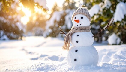 Happy new year celebration with a fun cartoon snowman in a winter landscape with a hat and scarf, decorated with snowflakes and a Christmas tree