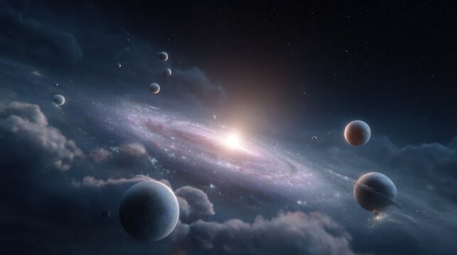 Expansive universe display on oled smart tv with central galaxy concept