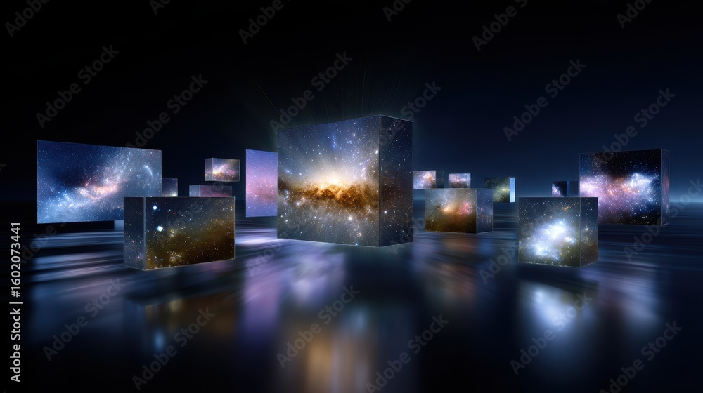 Poster expanding universe display on oled smart tv screens in a dark atmospheric setting
