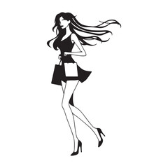 Elegant anime woman in a short black dress and high heels with flowing hair