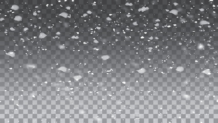 White snow overlay on a clear, transparent dark background. Vector frosty particles illustration stock illustration