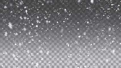 White snow overlay on a clear, transparent dark background. Vector frosty particles illustration stock illustration