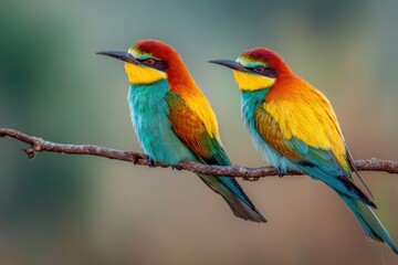 Vibrant bee eaters perched on a branch by grassy fields in a hazy backdrop