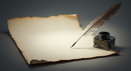 Antique parchment with quill and ink bottle, elegant writing setup, vintage stationery, copy space