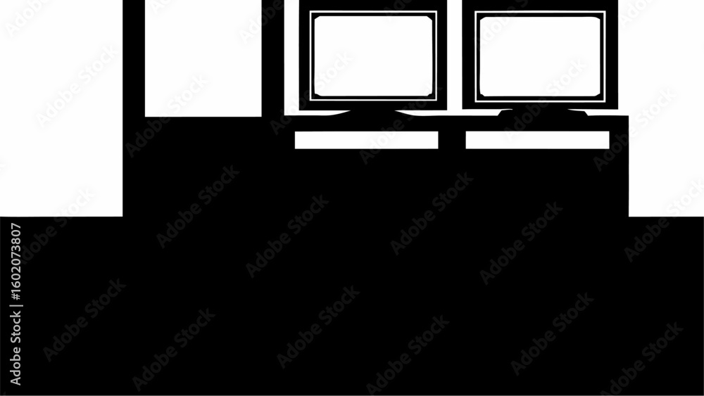 Poster illustration of two computer monitors on a desk with white screens and black frames in a dark room s