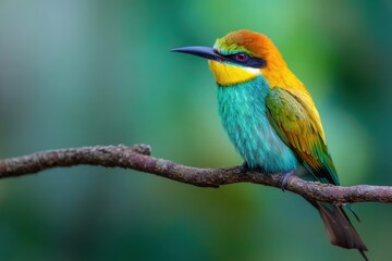 Obraz premium Vibrant bee eater perched on a branch with a green backdrop