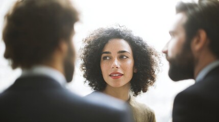 A thoughtful Mediterranean woman gazes amidst whispers of business synergy, evoking mystique during World Philosophy Day conversations