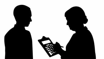 Silhouette of person facing another person holding a clipboard and pen in a black and white image style