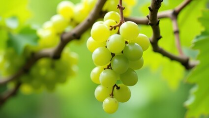 Close up of a bunch of green grapes on a vine.