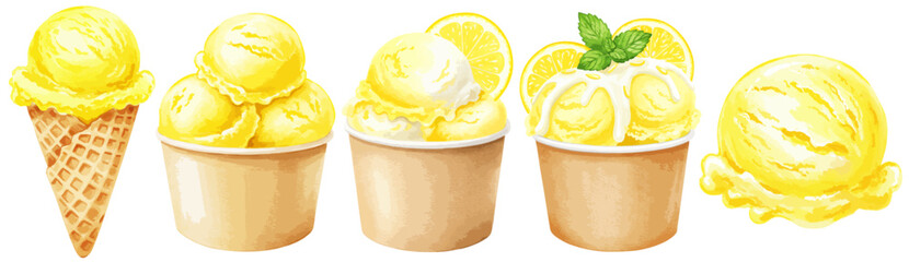 レモンとミントの乗った黄色いレモンアイスクリームの水彩ベクターイラストセット コーンアイス/ カップアイス	