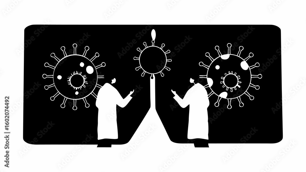 Poster two scientists in lab coats observing coronavirus cells with a central structure on a black backgrou