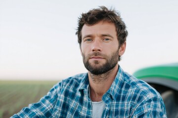 Fototapeta premium Rugged, pensive Caucasian male farmer gazes over twilight fields, evoking Earth Day's unspoken tales and Harvest Fest dreams