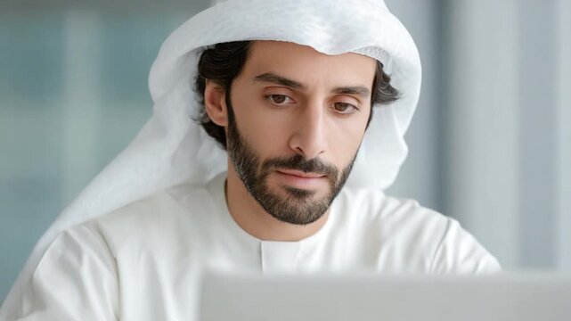 Modern Thought: A portrait of a focused individual, dressed in traditional attire, engaging thoughtfully with technology, blending heritage with the contemporary world.